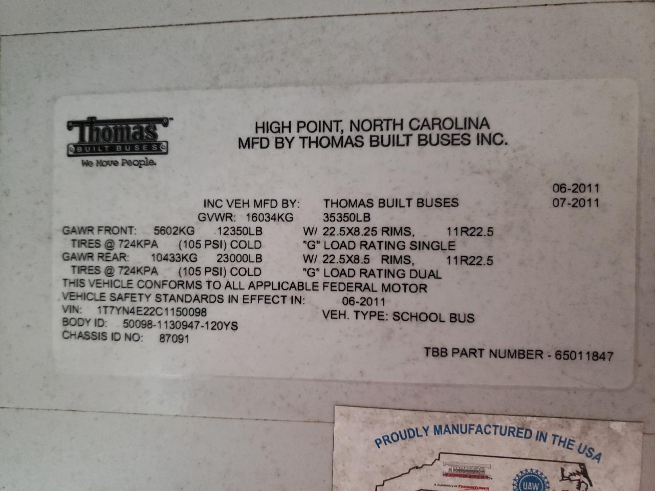 Lot #3278796645 2012 THOMAS SAF-T-LINER HDX