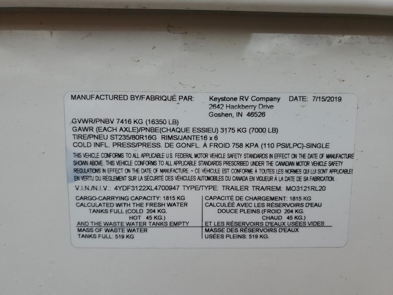 Lot #3297145528 2020 KEYS TONE RV MONTANA LUXU