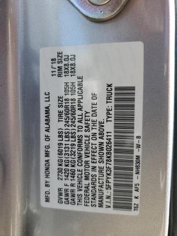 2019 HONDA RIDGELINE RTL 5FPYK3F78KB026411