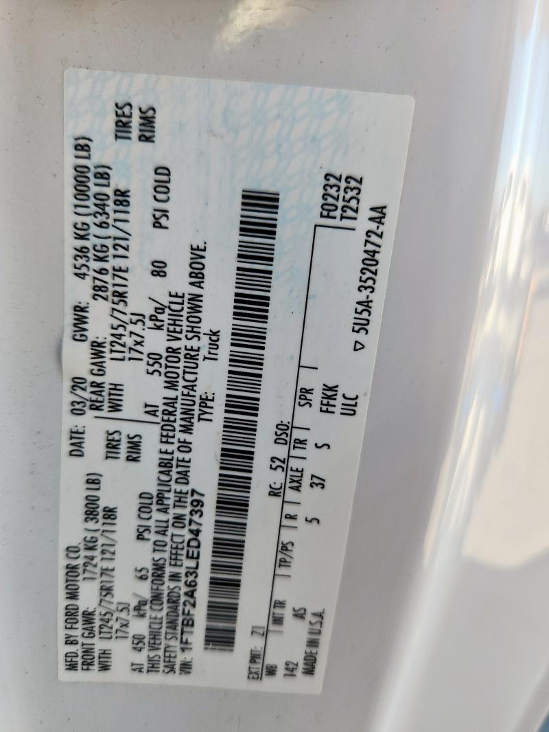 2020 FORD F250 SUPER 1FTBF2A63LED47397