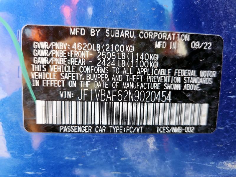 2022 SUBARU WRX JF1VBAF62N9020454