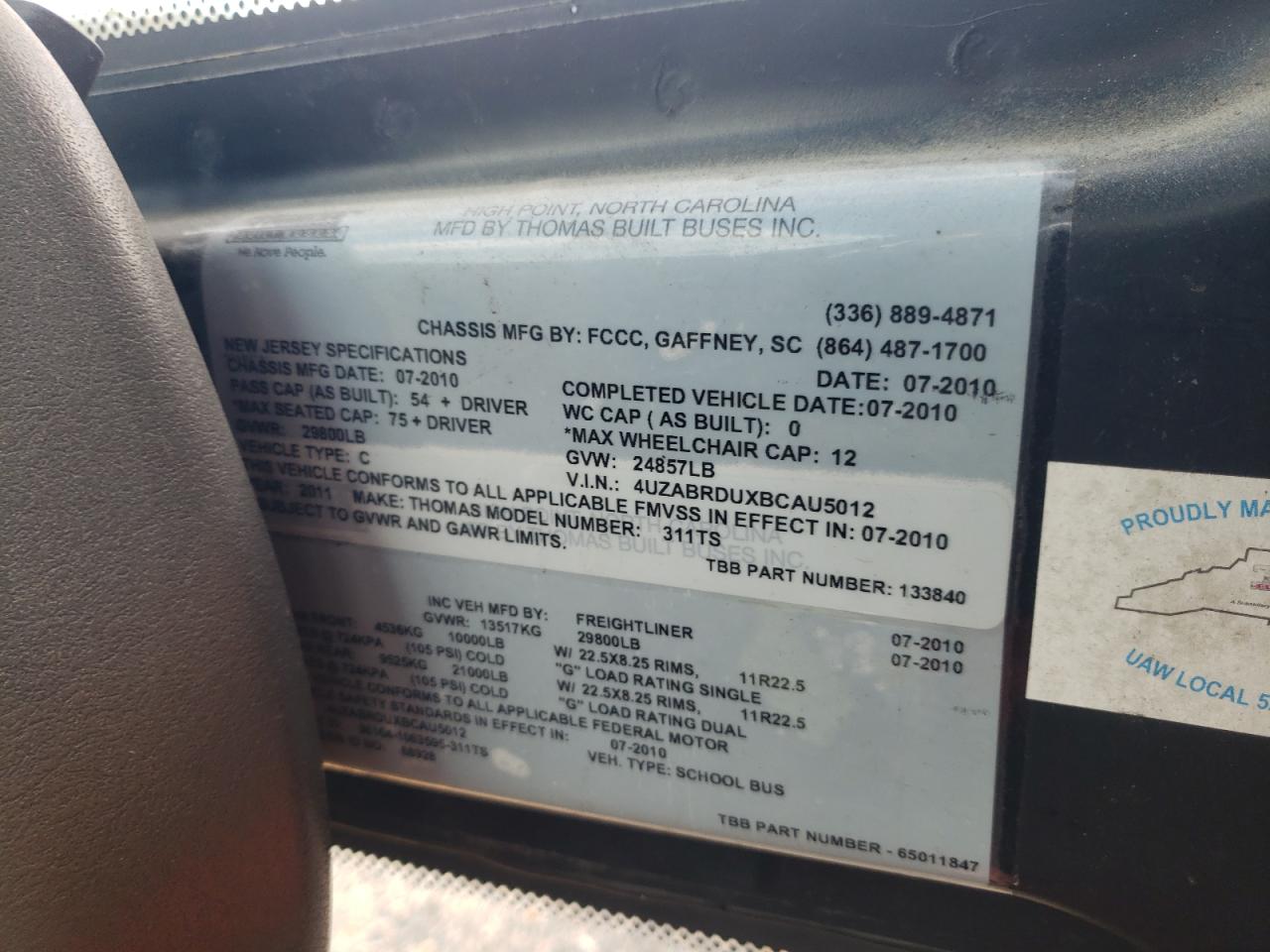 Lot #3273768367 2011 FREIGHTLINER SAF-T-LINER C2