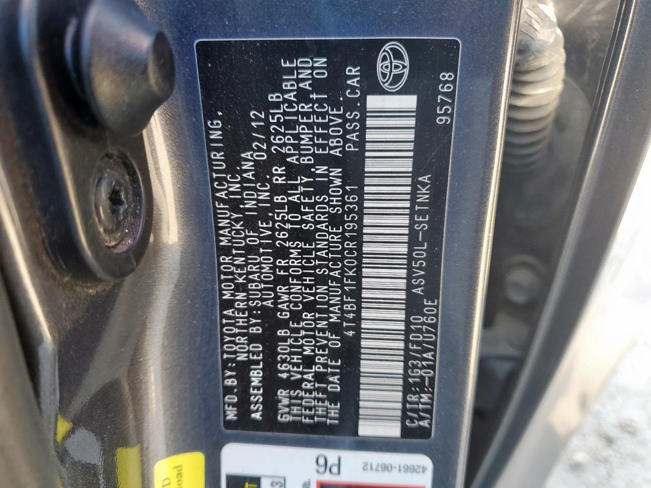 Lot #3318166359 2012 TOYOTA CAMRY BASE