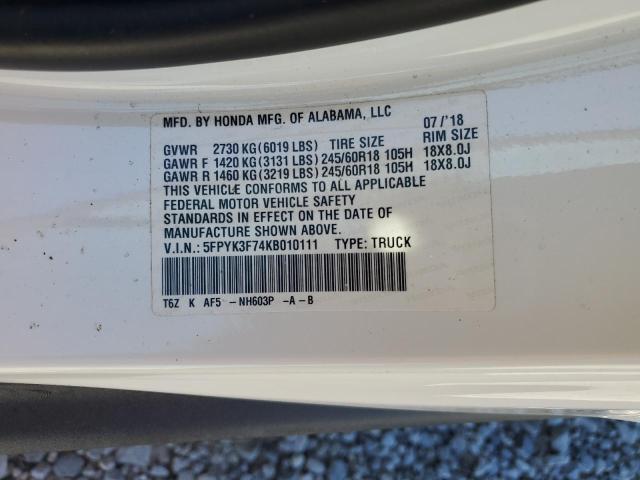 2019 HONDA RIDGELINE RTL 5FPYK3F74KB010111