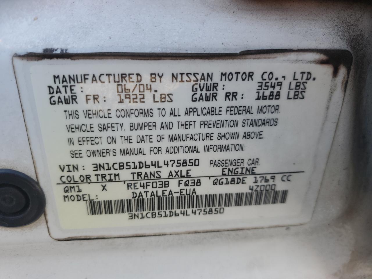 Lot #3290220202 2004 NISSAN SENTRA 1.8