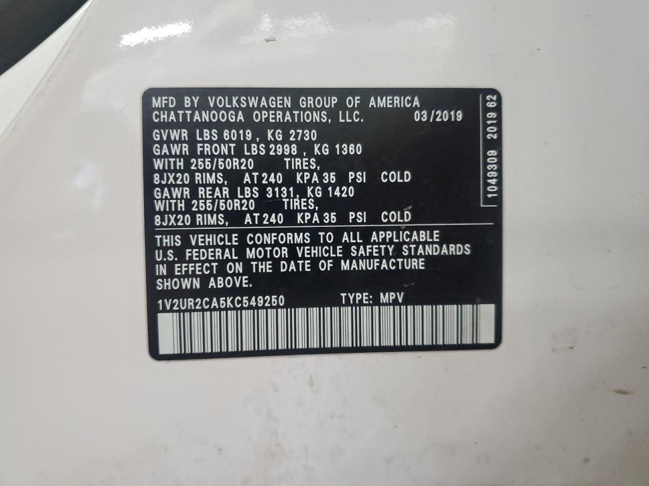 Lot #3258952034 2019 VOLKSWAGEN ATLAS SE