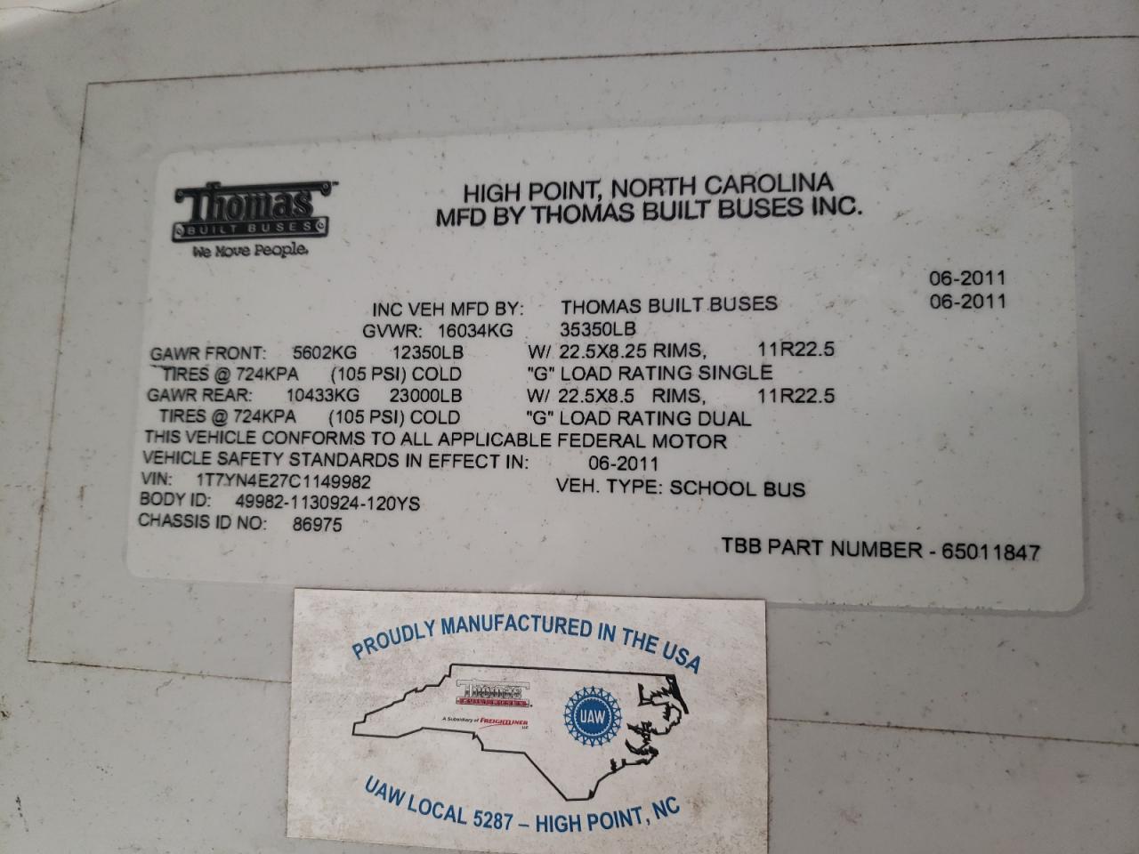 Lot #3274736871 2012 THOMAS SAF-T-LINER HDX