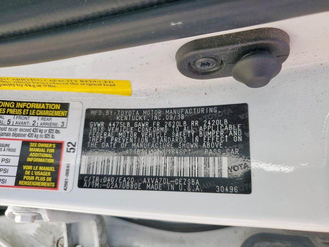 2019 TOYOTA CAMRY L #3296459655