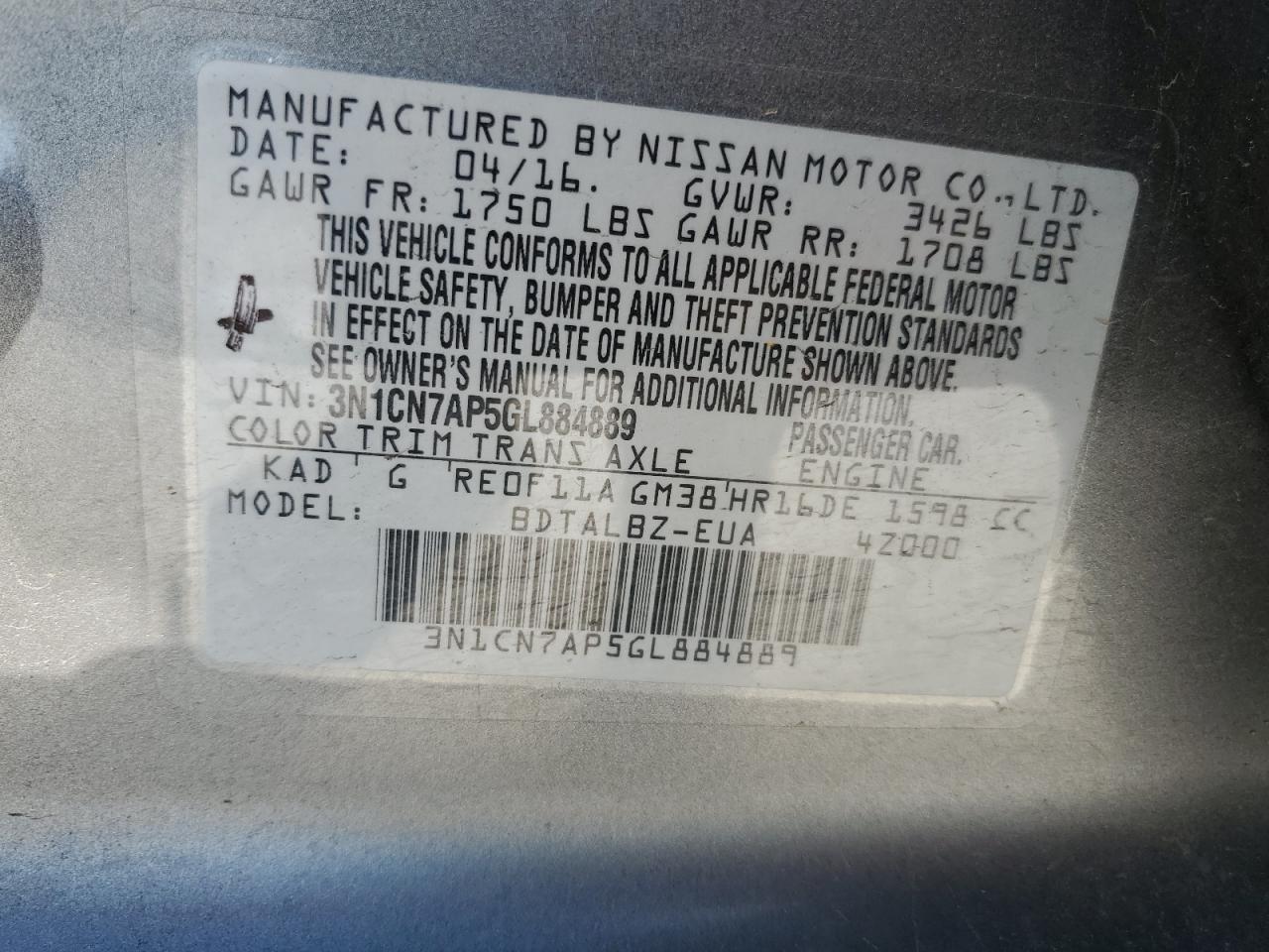 Lot #3305681728 2016 NISSAN VERSA S