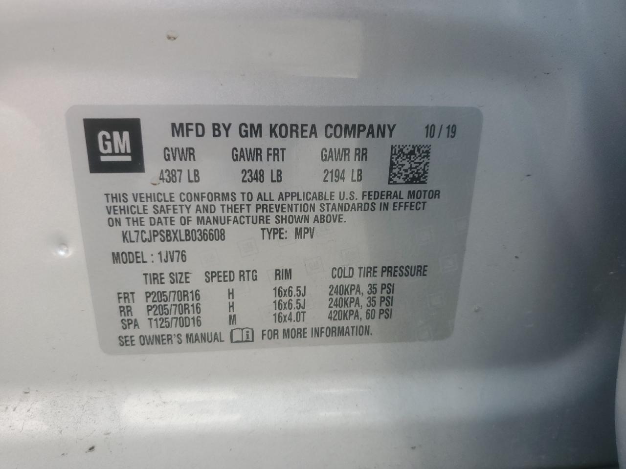 Lot #3302904977 2020 CHEVROLET TRAX 1LT