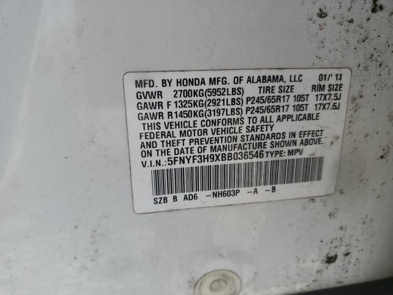 2011 HONDA PILOT TOUR - 5FNYF3H9XBB036546