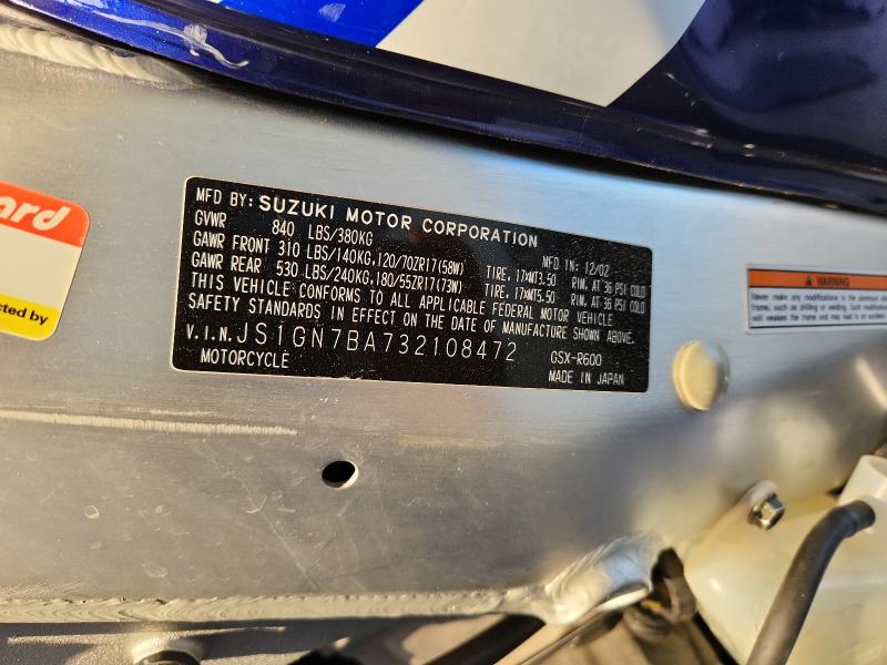 2003 SUZUKI GSX-R600 JS1GN7BA732108472