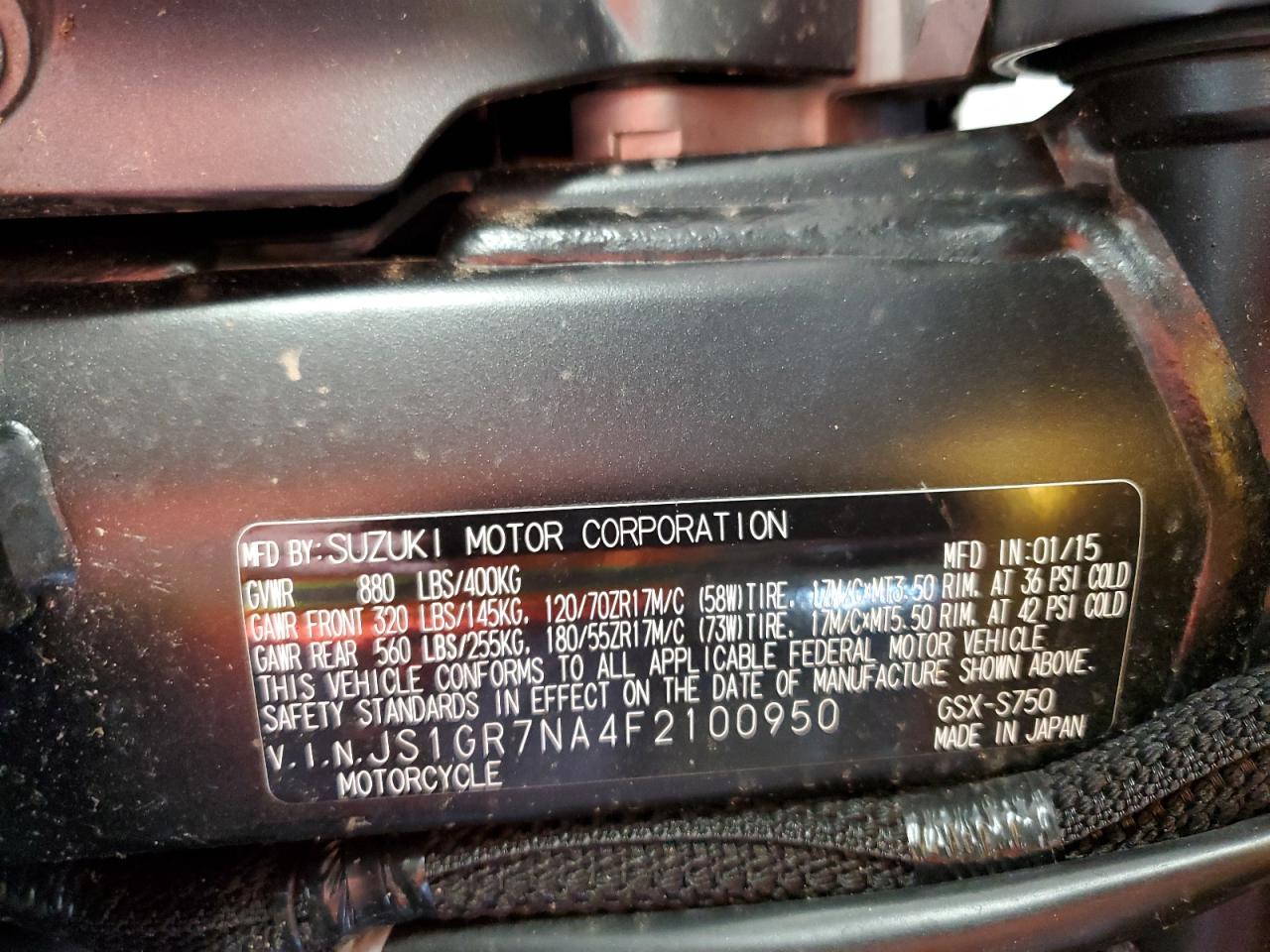 Lot #3261368504 2015 SUZUKI GSX-S750