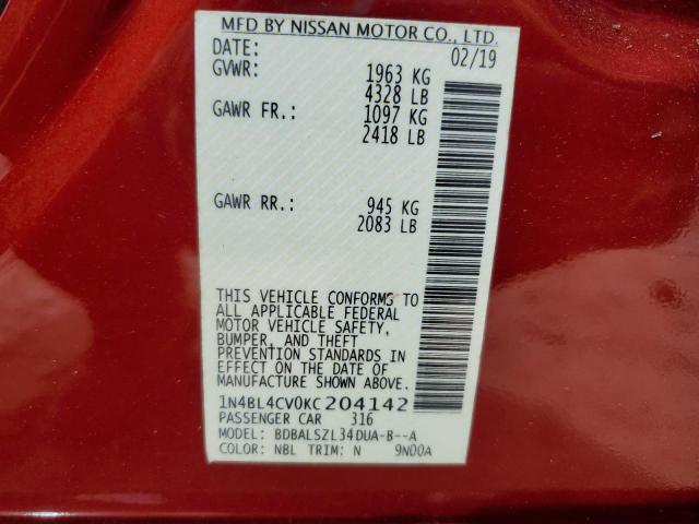 2019 NISSAN ALTIMA SR - 1N4BL4CV0KC204142