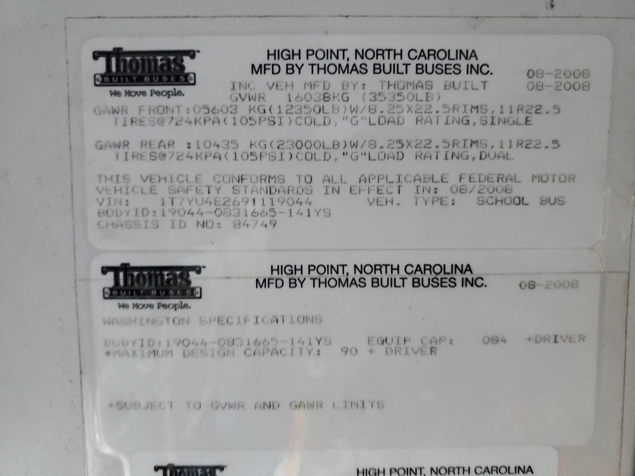 Lot #3256344373 2009 THOMAS SAF-T-LINER HDX