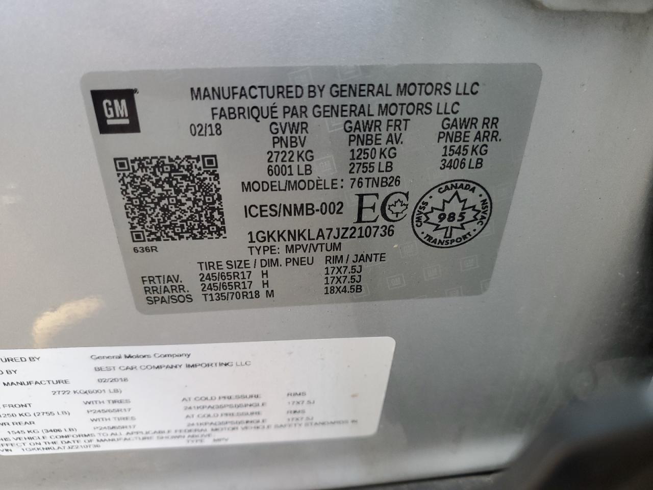 Lot #3294121948 2018 GMC ACADIA SLE