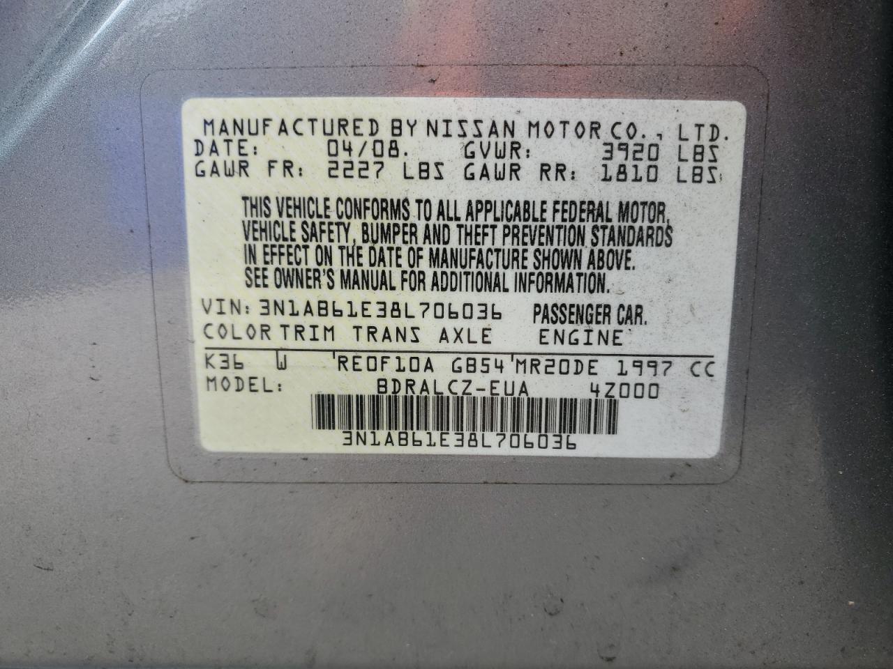 Lot #3274627104 2008 NISSAN SENTRA 2.0