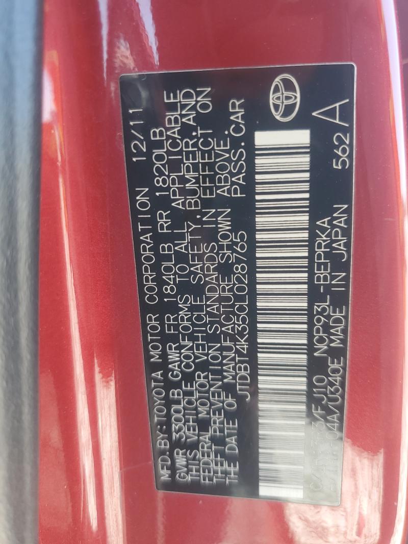 2012 TOYOTA YARIS - JTDBT4K35CL028765