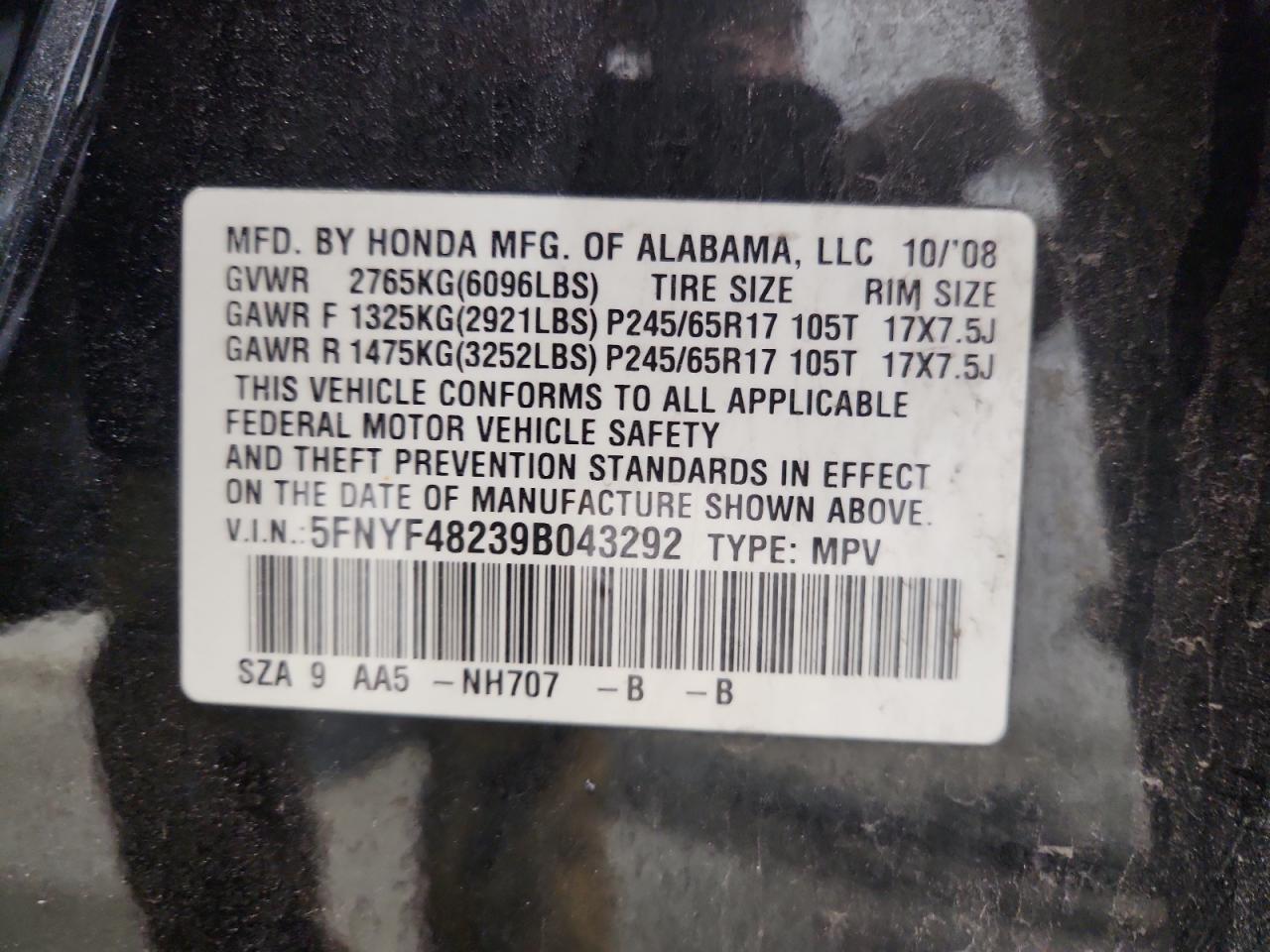 Lot #3287300989 2009 HONDA PILOT LX