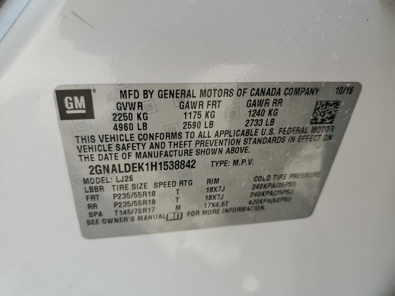 Lot #3318020403 2017 CHEVROLET EQUINOX PR