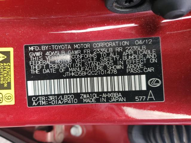 2012 LEXUS CT 200 - JTHKD5BH2C2101478