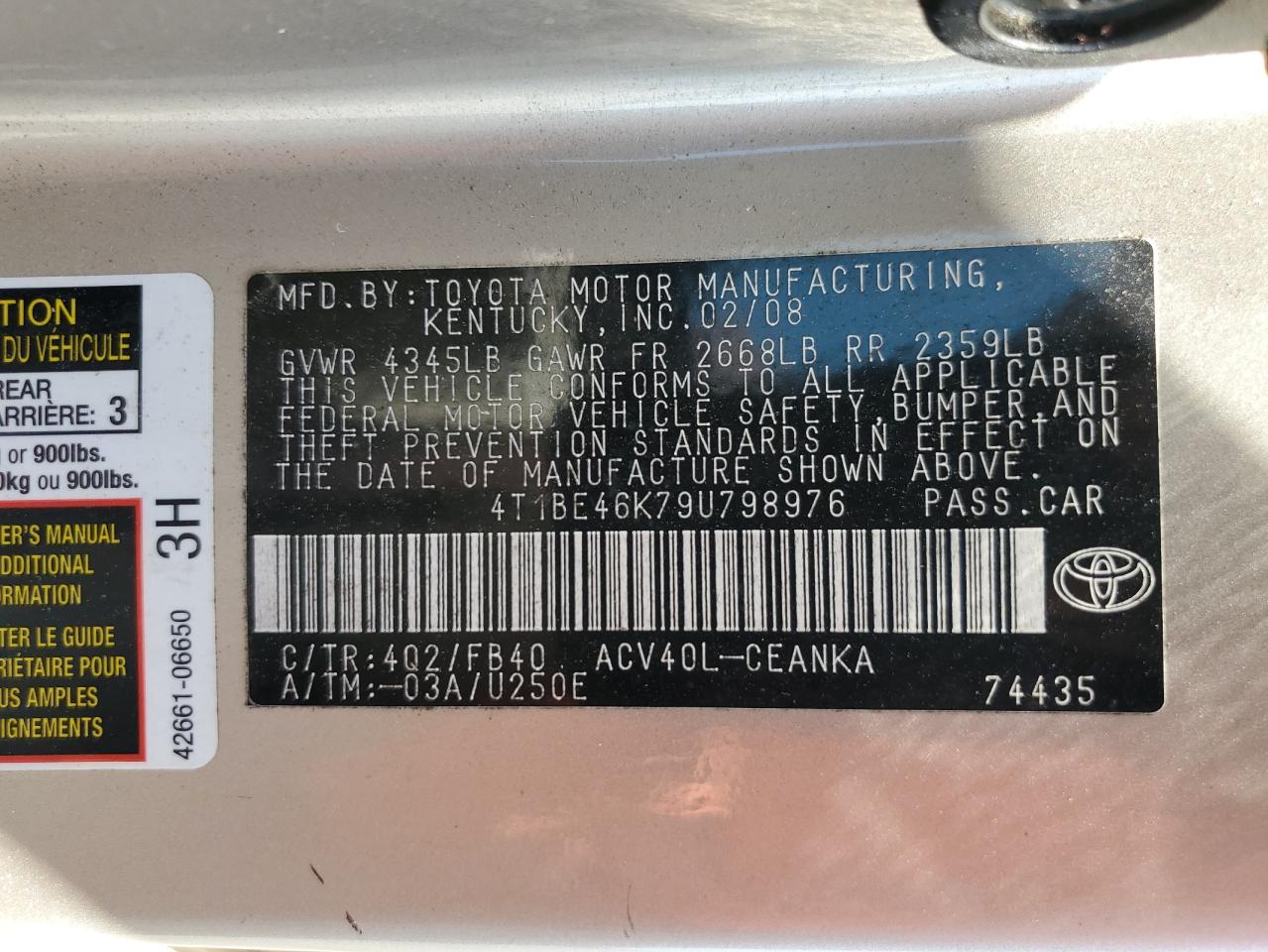 Lot #3279736919 2009 TOYOTA CAMRY BASE