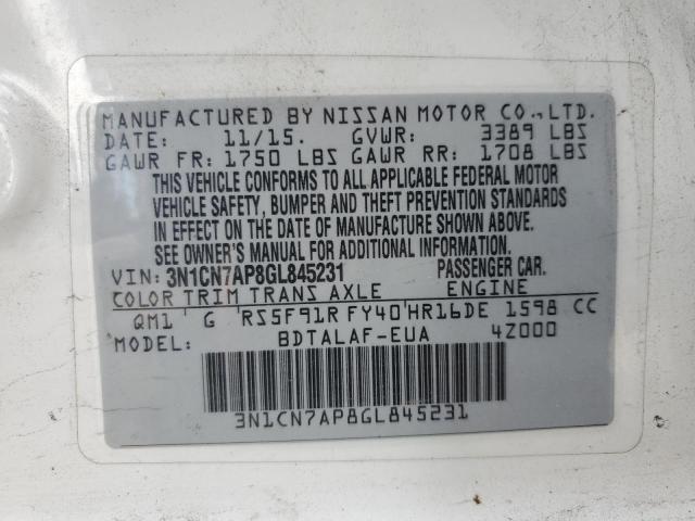 2016 NISSAN VERSA S 3N1CN7AP8GL845231