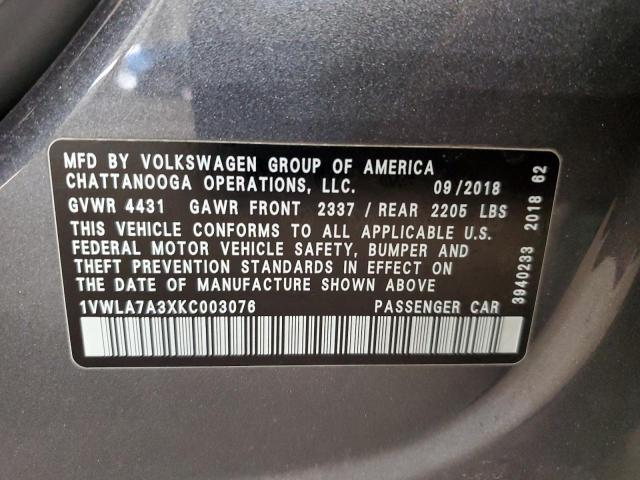 2019 VOLKSWAGEN PASSAT WOL 1VWLA7A3XKC003076