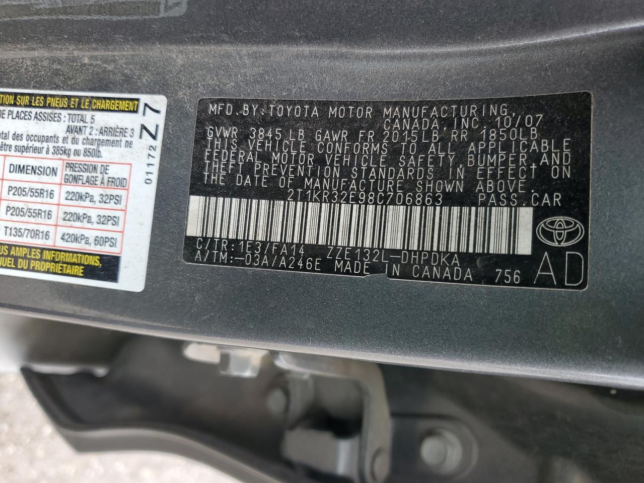 Lot #3286683313 2008 TOYOTA COROLLA MA
