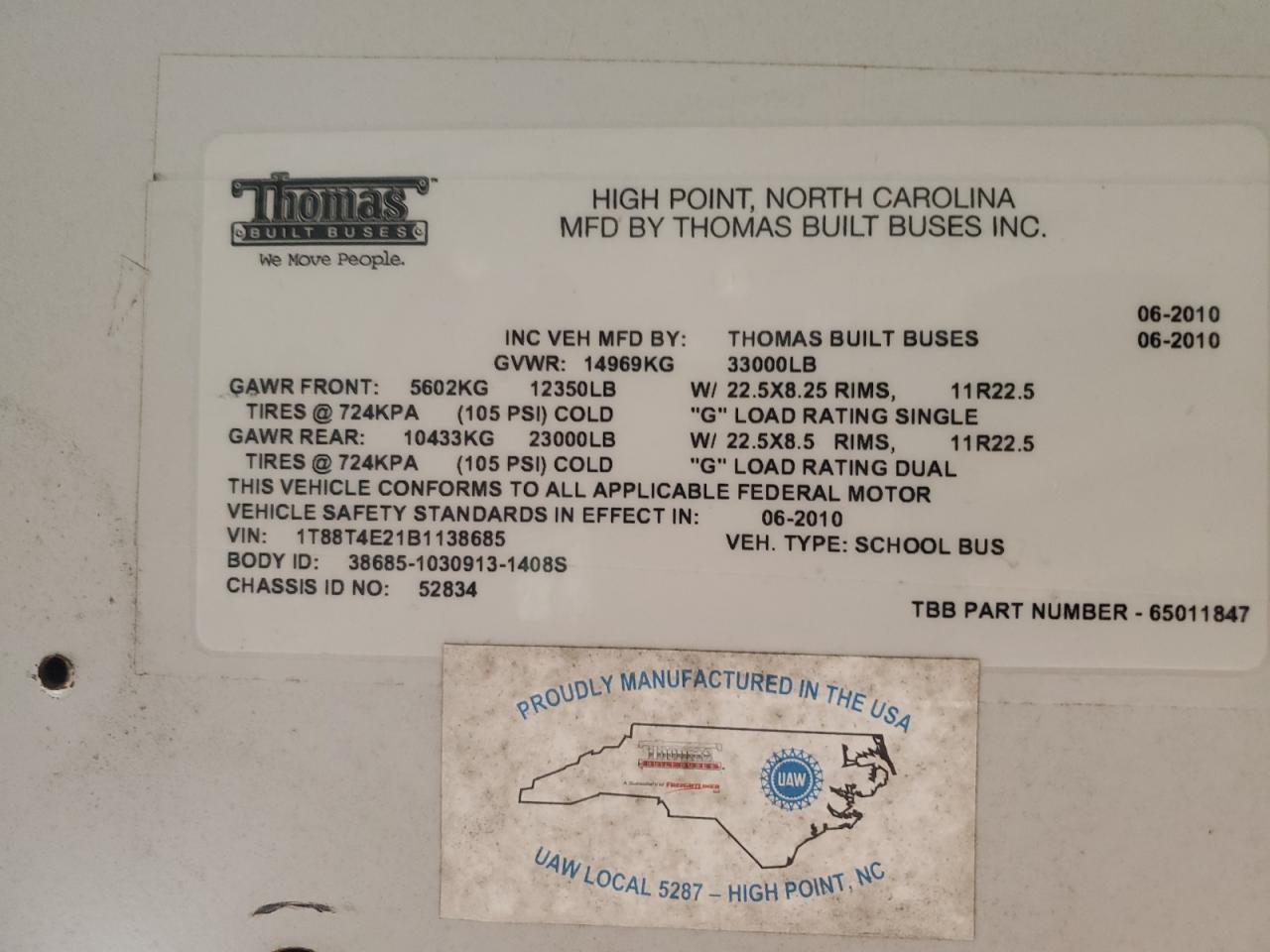 Lot #3263668730 2011 THOMAS SAF-T-LINER HDX