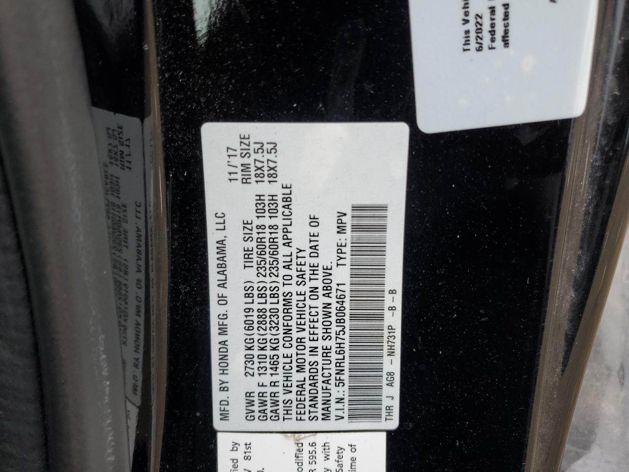 Lot #3291377157 2018 HONDA ODYSSEY EX