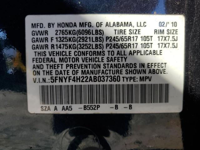 2010 HONDA PILOT LX - 5FNYF4H22AB037360