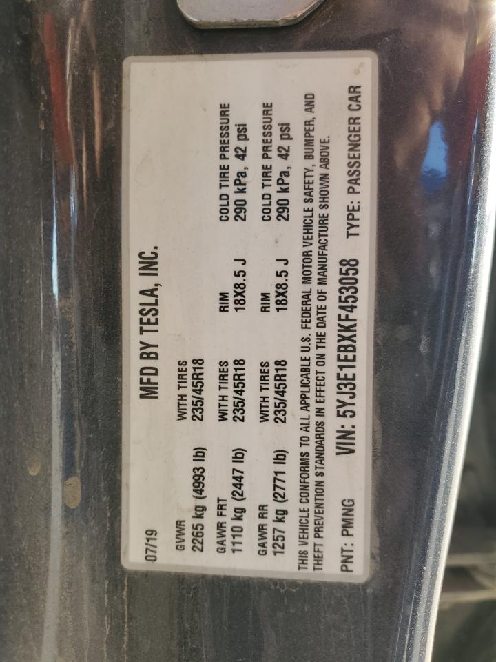 Lot #3311724240 2019 TESLA MODEL 3