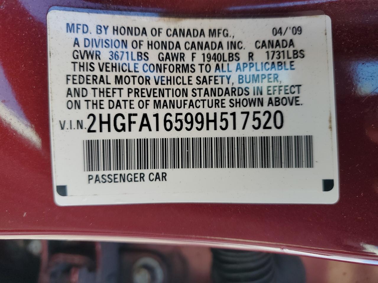 Lot #3301858996 2009 HONDA CIVIC LX