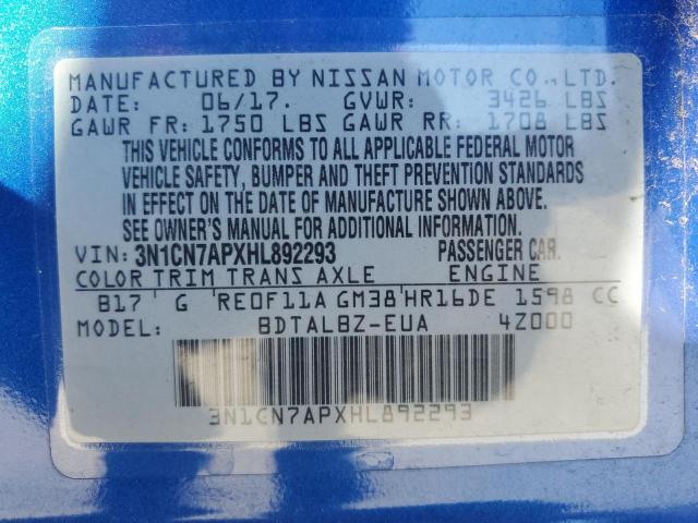 2017 NISSAN VERSA S #3280308003