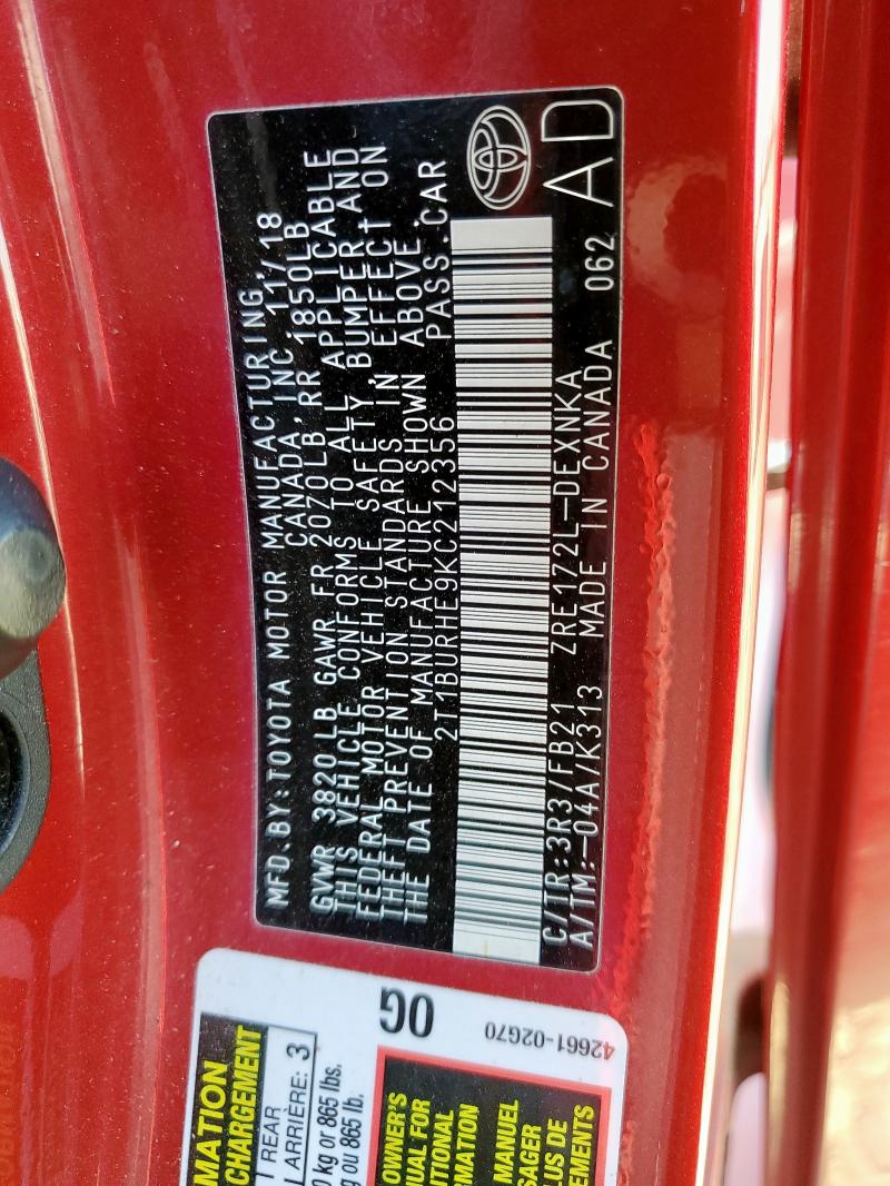 2019 TOYOTA COROLLA L - 2T1BURHE9KC212356