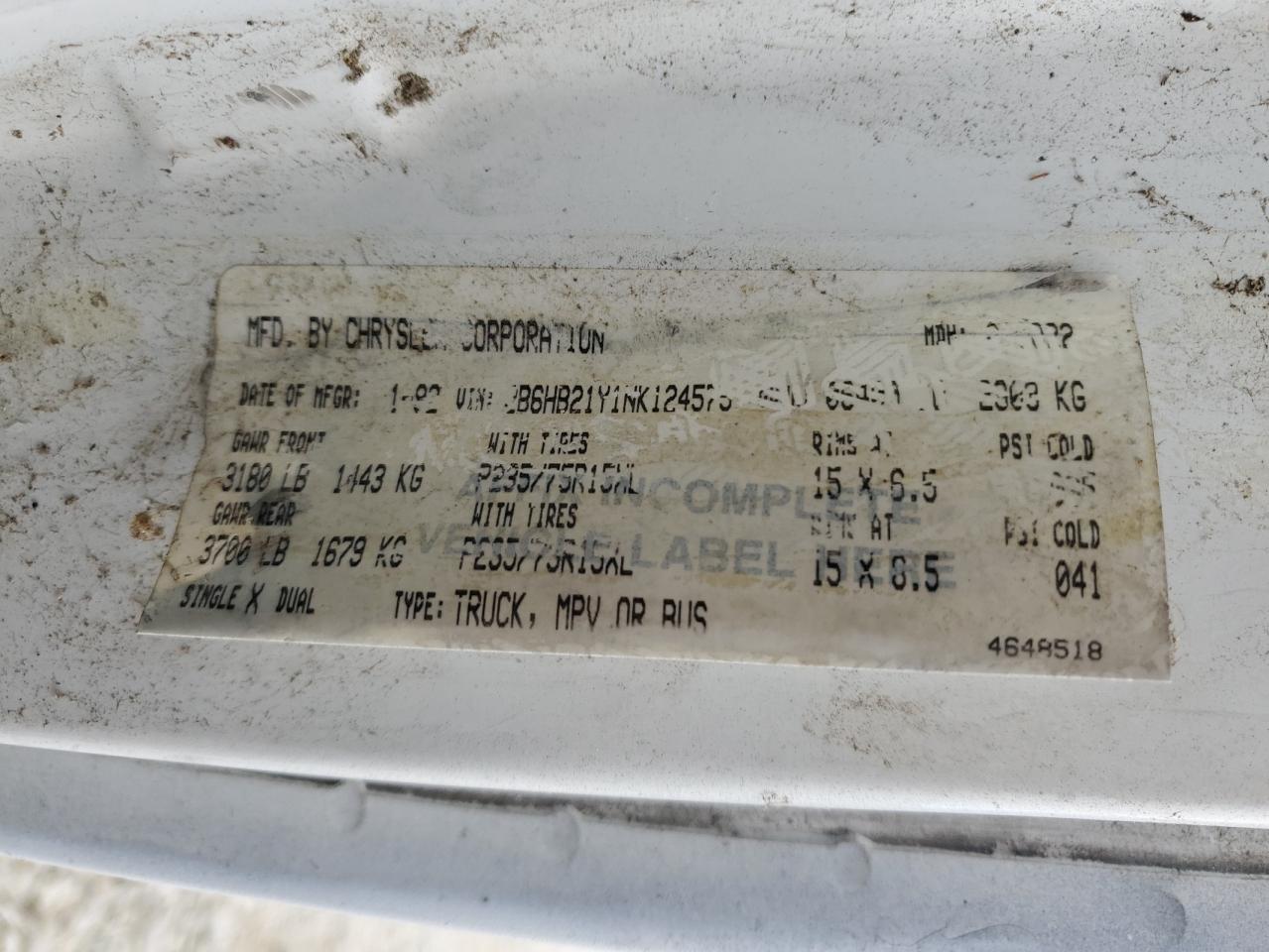 Lot #3304812650 1992 DODGE RAM VAN B2