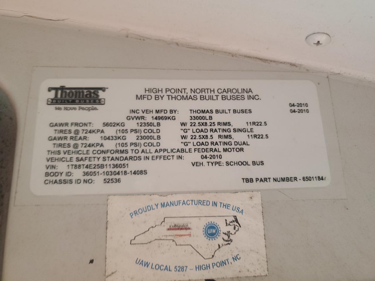 Lot #3263668729 2011 THOMAS SCHOOL BUS