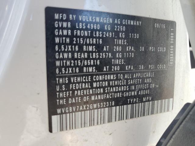 2016 VOLKSWAGEN TIGUAN S WVGBV7AX2GW532318