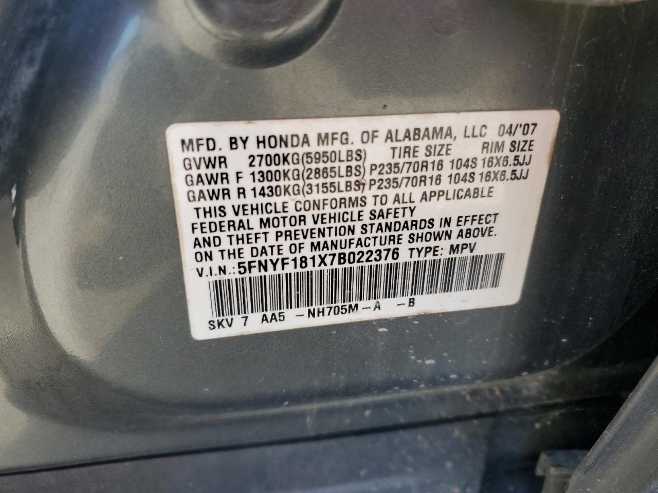 Lot #3292323346 2007 HONDA PILOT LX