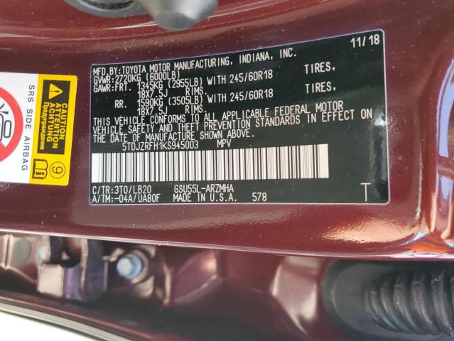 2019 TOYOTA HIGHLANDER - 5TDJZRFH1KS945003