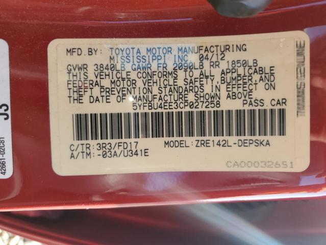 2012 TOYOTA COROLLA BA - 5YFBU4EE3CP027258