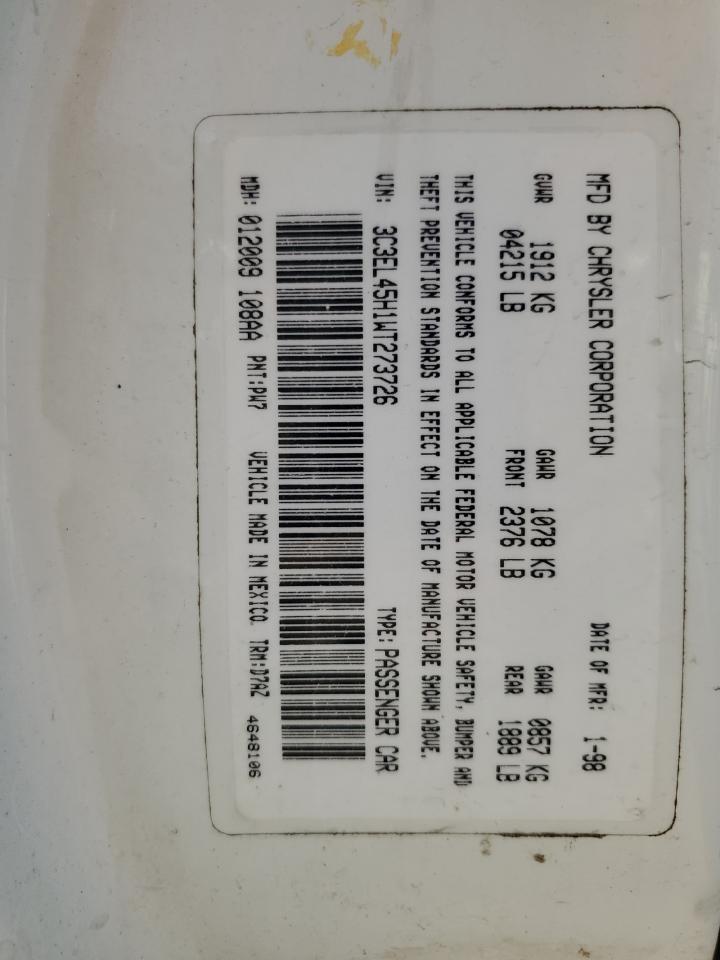 Lot #3269144135 1998 CHRYSLER SEBRING JX