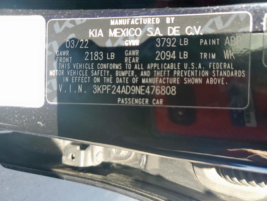 2022 KIA FORTE FE #3294515525