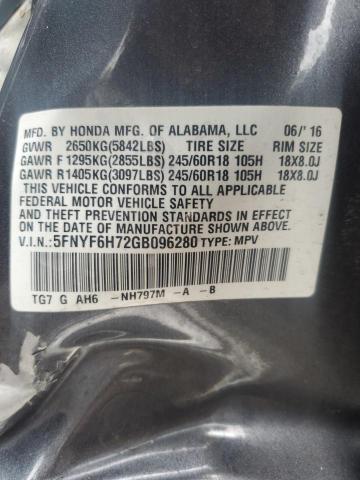 2016 HONDA PILOT EXLN 5FNYF6H72GB096280