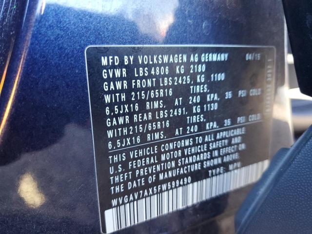 2015 VOLKSWAGEN TIGUAN S - WVGAV7AX5FW599490