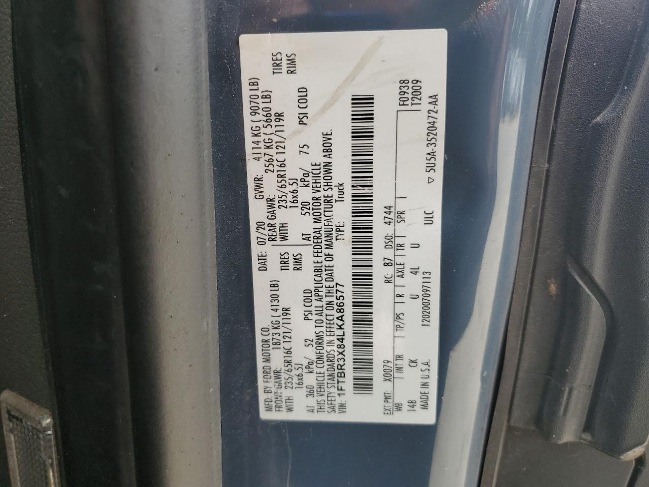 Lot #3304579490 2020 FORD TRANSIT T-