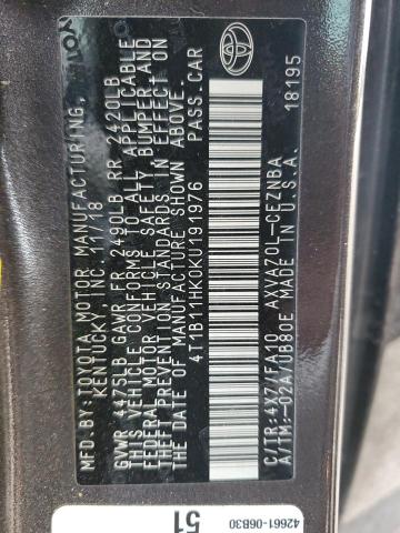 2019 TOYOTA CAMRY L #3296219407