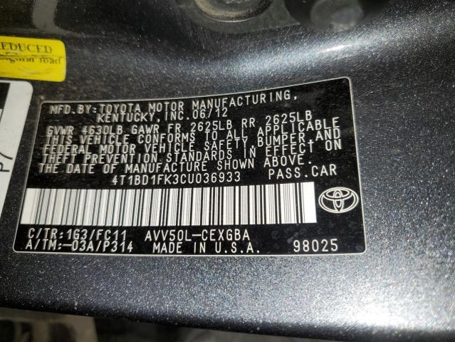 2012 TOYOTA CAMRY HYBR #3285608307