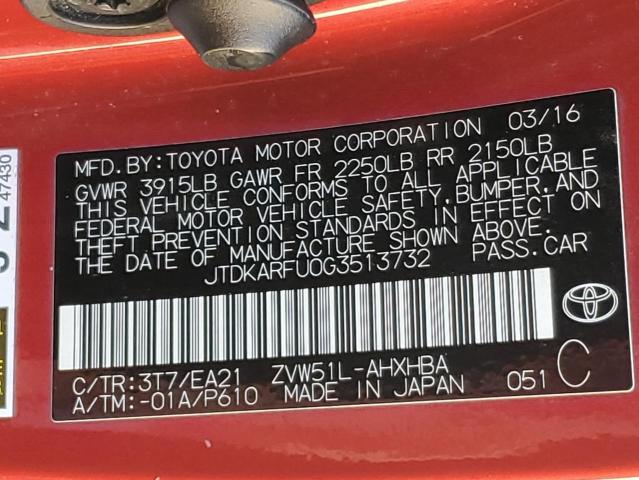 2016 TOYOTA PRIUS - JTDKARFU0G3513732